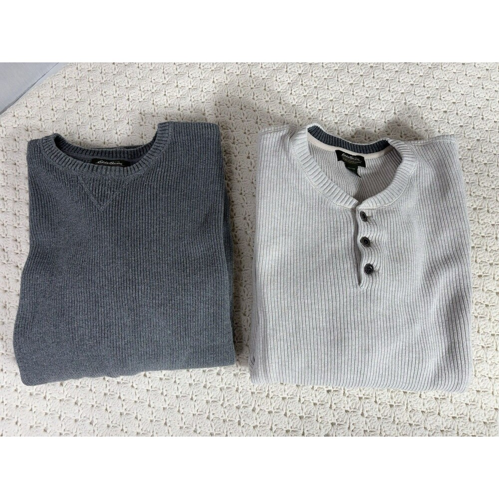 2 VTG Eddie Bauer Mens Knit Sweaters 2XL Tall Gray Pullover 100% Cotton Henley - Picture 1 of 13